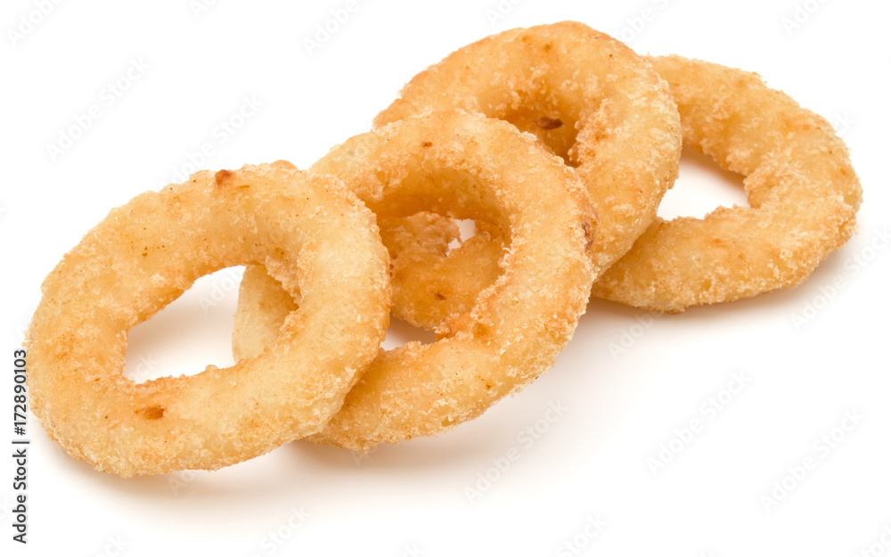 Crispy deep fried onion or Calamari ring isolated on white background Crispy deep fried onion or Calamari ring isolated on white background