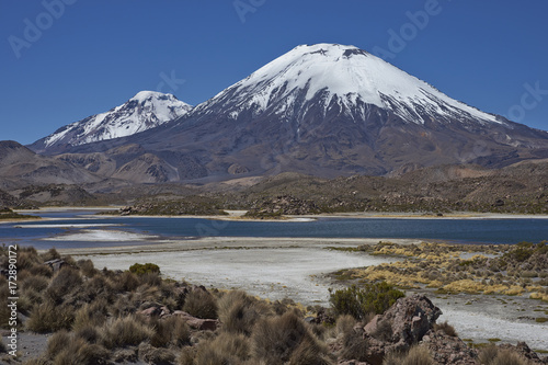 Volcanoes Parinacota and Pomerape in Lauca National Park high on the Altiplano of northern Chile. In the foreground lakes known as Lagunas de Cotacani photo