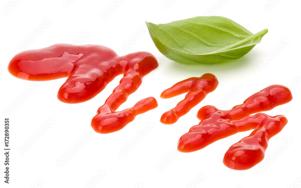 Tomato sauce, ketchup with basil leaf isolated on white background Tomato sauce, ketchup with basil leaf isolated on white background