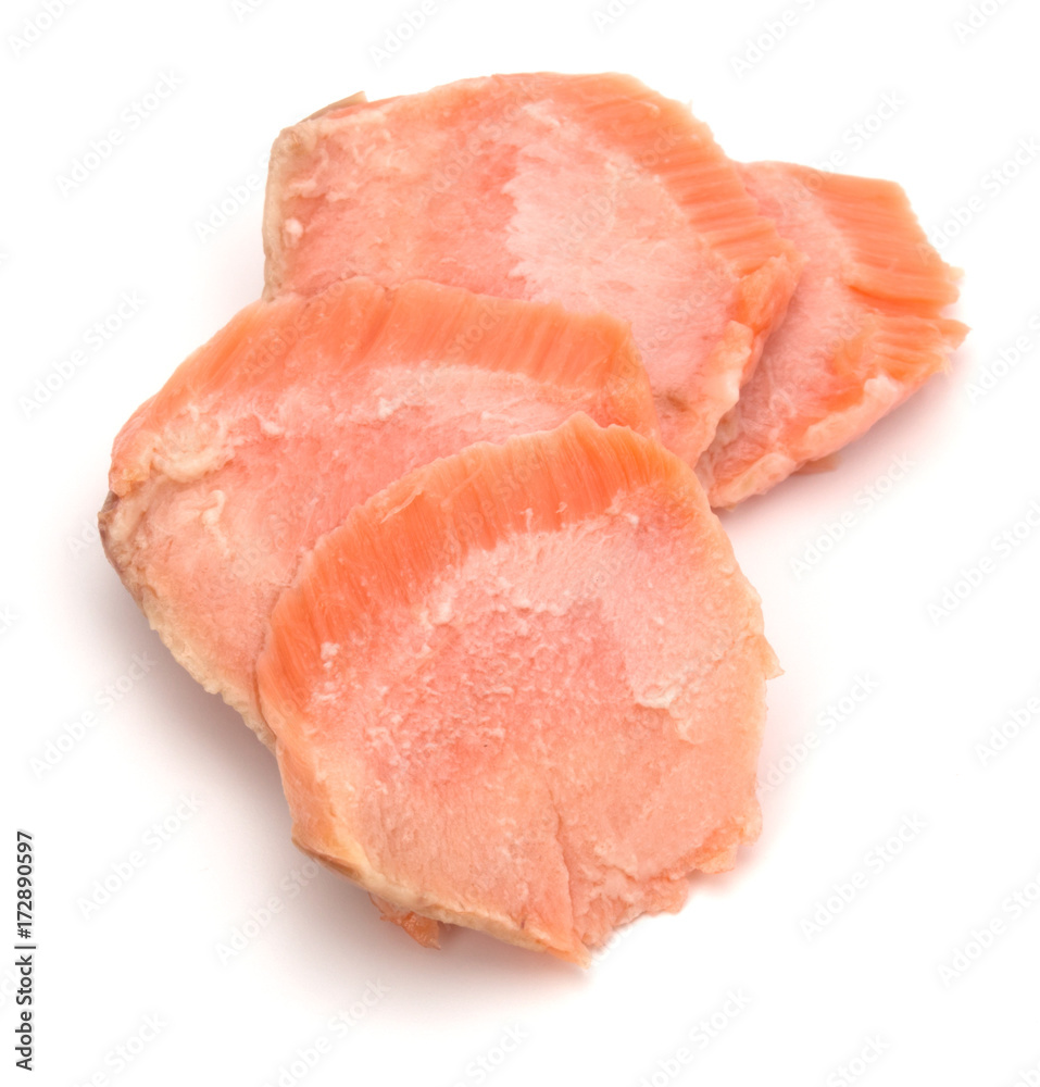 smoked salmon segments isolated on white background cutout. Prepared fish fillet fibres.