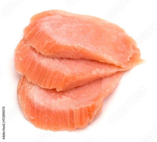 smoked salmon segments isolated on white background cutout. Prepared fish fillet fibres.