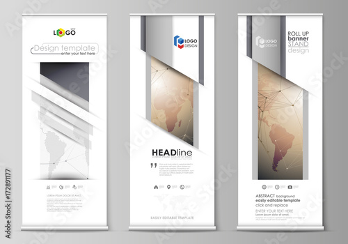 The minimalistic vector illustration of the editable layout of roll up banner stands, vertical flyers, flags design business templates. Global network connections, technology background with world map