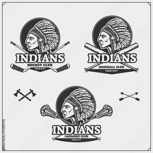Lacrosse, baseball and hockey logos and labels. Sport club emblems with indian chief.