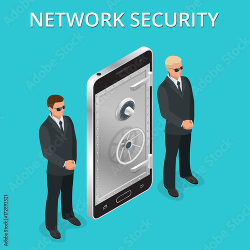 Mobile phone security, cellphone personal access via finger, user authorization, login, protection technology Vector isometric illustration.