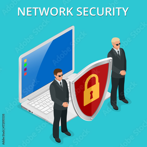 Network security computer security, personal access via finger, user authorization, login, protection technology Vector isometric illustration.
