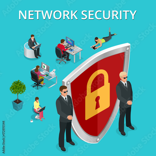 Network security computer security, personal access via finger, user authorization, login, protection technology Vector isometric illustration.