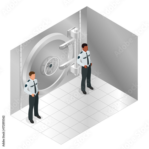 Closed steel bank vault door. Closed door to the bank s storehouse and two guards. Vector isometric illustration.