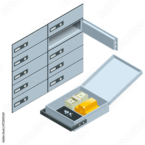 Safe Deposit Boxes. Open safe deposit box with golden ingots. Financial banking investment concept. Vector isometric illustration.