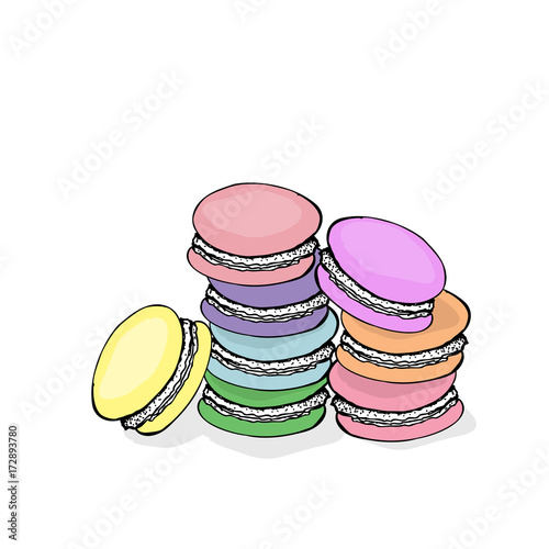 Stack of colorful macaron, macaroon almond cakes, sketch style vector illustration isolated on white background