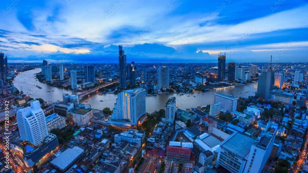 Aerial Day to Night Bangkok Cityscape Riverside Chao Phraya River Of Thailand 4K Time Lapse