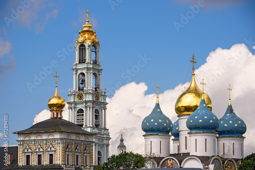 Big Bell tower and Cathedral of the Dormition in the Trinity Lavra of St. Sergius.  Sergiev Posad, Moscow region. Golden ring, Russia.