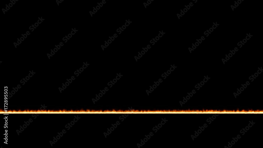 Animated straight horizontal very thin line of fire on black background. Mask included.