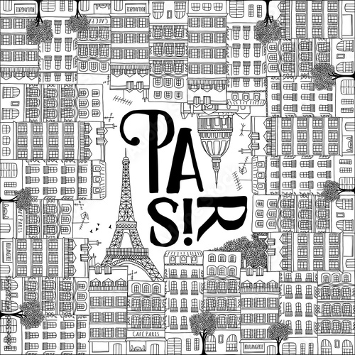 Abstract illustration of Paris - Hand drawn french houses with the Eiffel tower in square format
