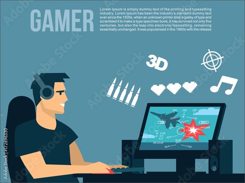Gamer man plays on the computer air combat arcade and game icons around him