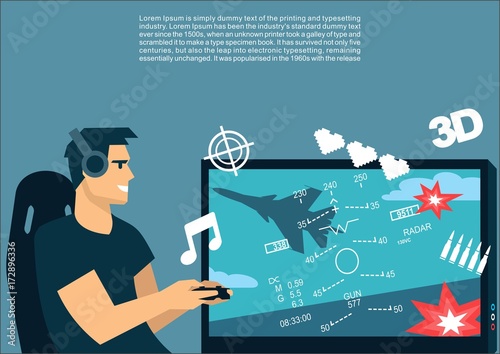 Gamer male plays on the console air combat arcade and game icons around it