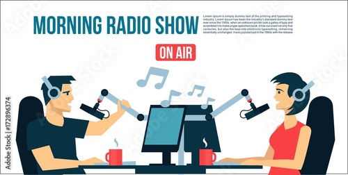 Radio dj`s male & female life playing the music & talk On Air Broadcasts cool flat design illustration. Banner, poster, or flyer cover