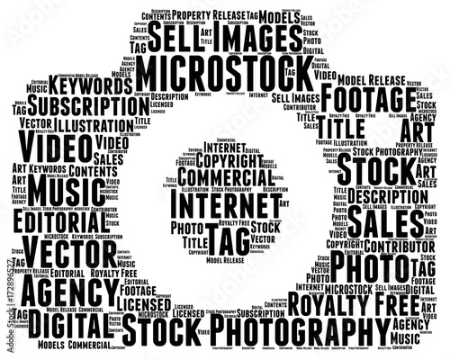 Words cloud Microstock concept, camera shape.