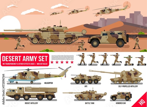 War Army military vehicles set with tank, rocket artillery, helicopter, troopers soldiers, armored car, armored carrier, in desert camouflage flat design in cool vector collection