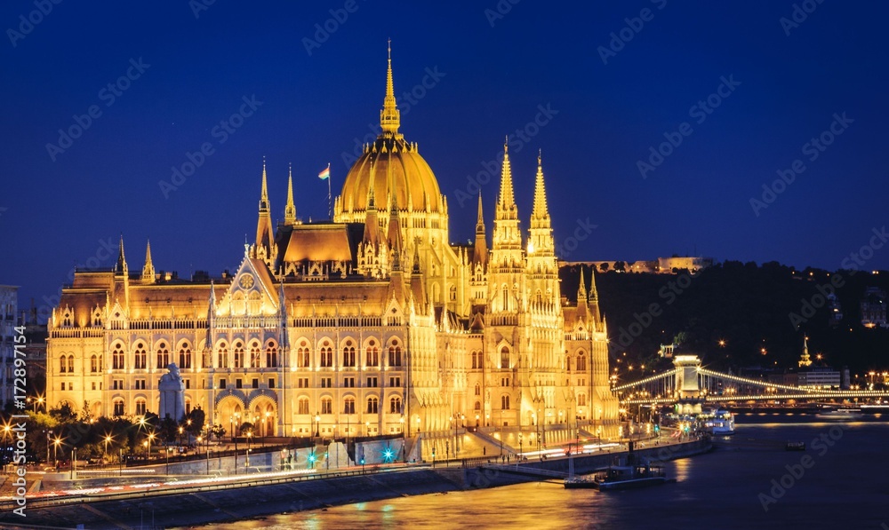 Parliament building by night in Budapest, Hungary