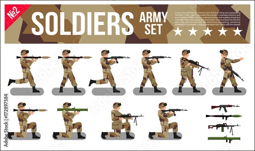 Military Army Soldiers Set in Desert Digital Camouflage. Modern Military Collection Vector Flat Illustration