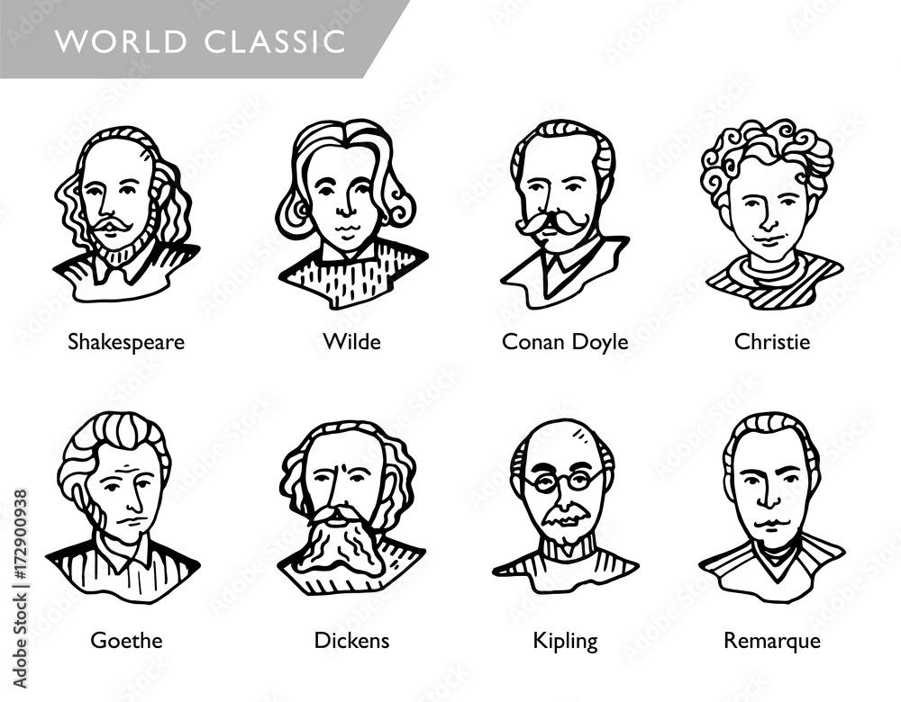 famous world writers, vector portraits, Shakespeare, Wilde, Conan Doyle,  Christie, Goethe, Dickens, Kipling, Remarque Stock Vector | Adobe Stock