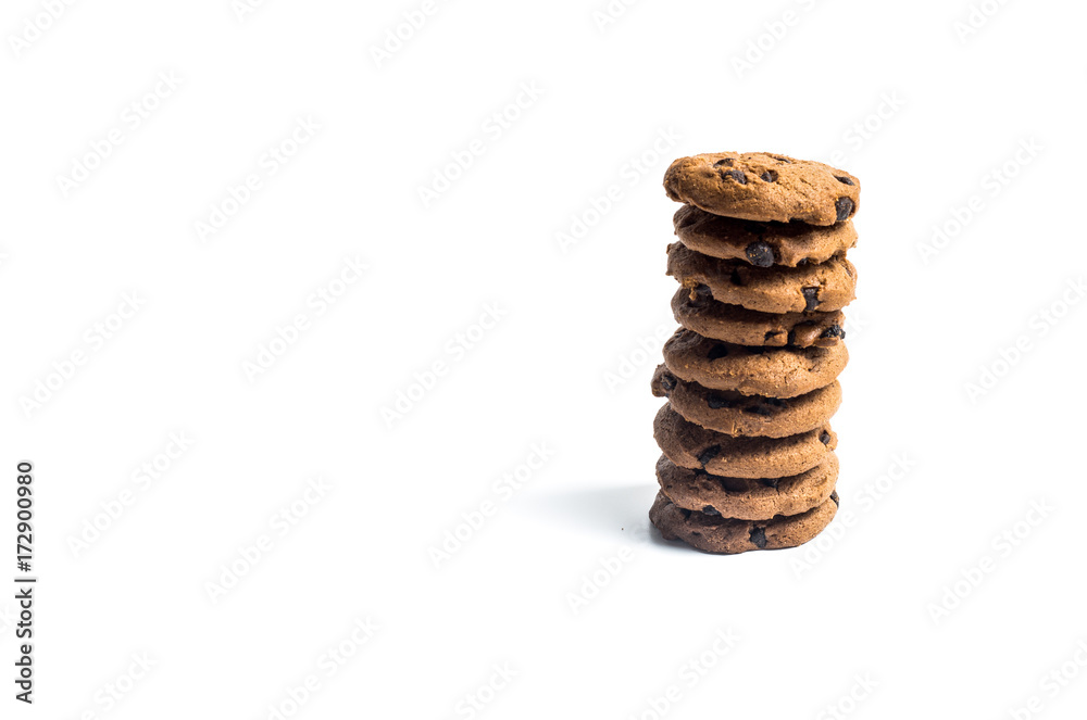 chocolate chip cookies stacked on isolated white background chocolate chip cookies stacked on isolated white background