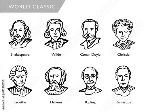 famous world writers, vector portraits, Shakespeare, Wilde, Conan Doyle, Christie, Goethe, Dickens, Kipling, Remarque photo