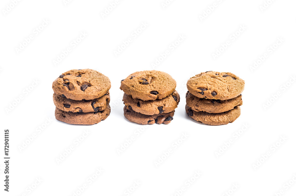 Chocolate chip cookies three pieces stacked three stack on isolated white background Chocolate chip cookies three pieces stacked three stack on isolated white background