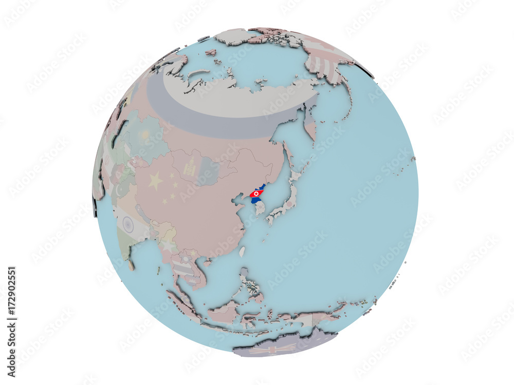 Obraz premium North Korea with flag on globe