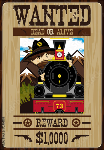 Cartoon Wild West Cowboy and Train Wanted Poster