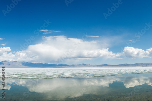 panoramic view of fluffy white clouds reflecting in mirror water of lake