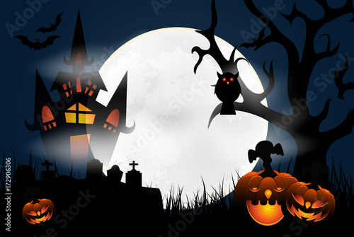 Happy Halloween - Banner mit kalligrafischen Schriftzug, Fledermäusen und Spinnennetz. Halloween pumpkin with scary face. Trick or treat hand lettering card for Halloween. Halloween party.