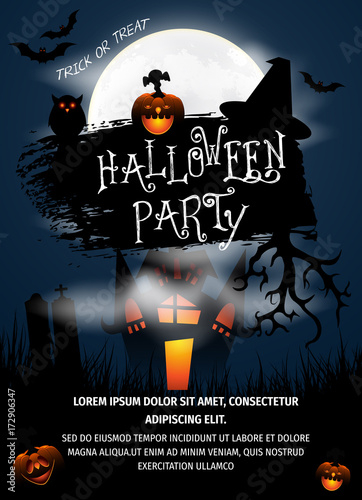 Happy Halloween - Banner mit kalligrafischen Schriftzug, Fledermäusen und Spinnennetz. Halloween pumpkin with scary face. Trick or treat hand lettering card for Halloween. Halloween party.