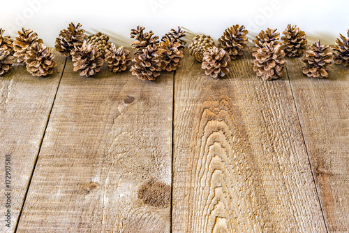 Rustic wood planks and a line of pinecones with white background