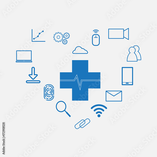Health Technology (HealthTech) - cross with heart beat around with tech icon as heart sign
