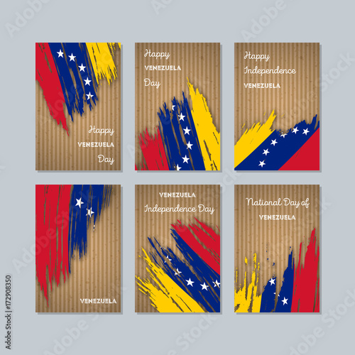 Venezuela Patriotic Cards for National Day. Expressive Brush Stroke in National Flag Colors on kraft paper background. Venezuela Patriotic Vector Greeting Card.