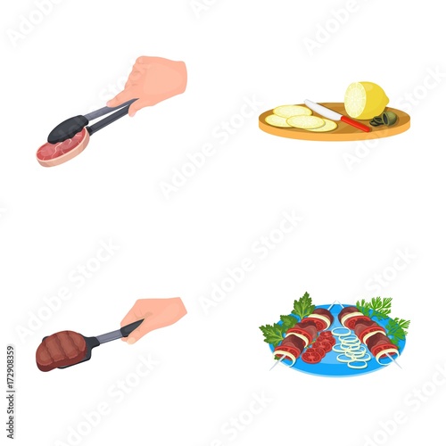 Tongs with steak, fried meat on a scoop, slicing lemon and olives, shish kebab on a plate with vegetables. Food and Cooking set collection icons in cartoon style vector symbol stock illustration web.
