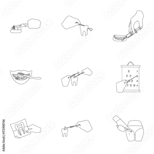 Anesthetic injection, examination of the tooth and other web icon in outline style. wound treatment, vision check icons in set collection.