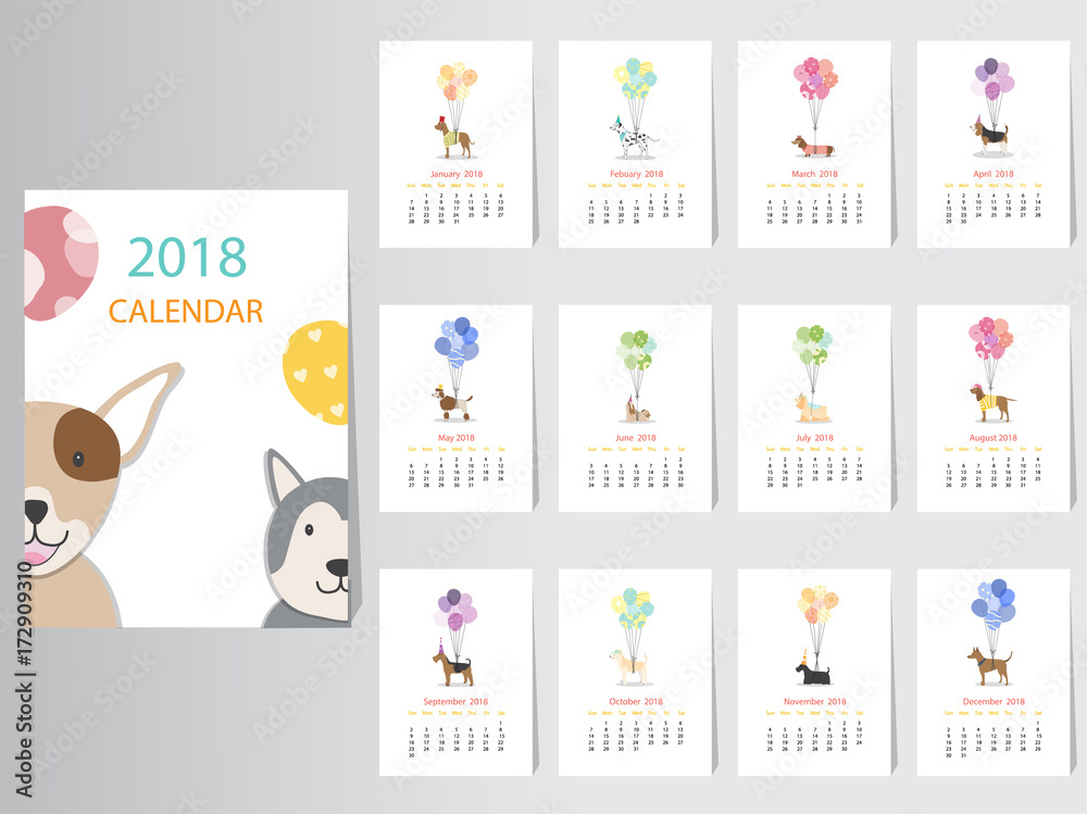 Collection of portrait dog calendar 2018 design,The year of the dog monthly cards templates,Set of 12 month,Vector illustrations. Collection of portrait dog calendar 2018 design,The year of the dog monthly cards templates,Set of 12 month,Vector illustrations.