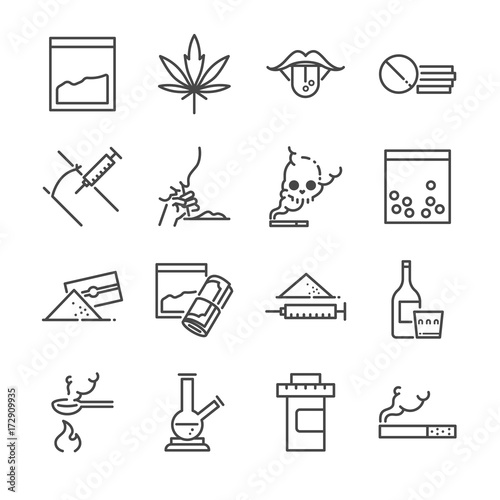 Drugs line icon set. Included the icons as junkie, cocaine, cannabis, tablets, addicted, illegal and more.