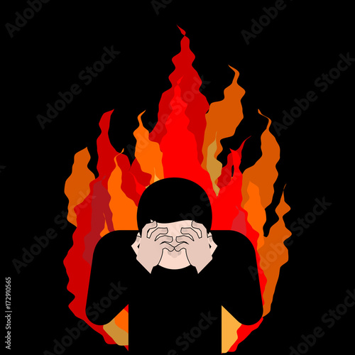 Sinner on fire. OMG. Cover face with hands. Despair and suffering. Hell fire. Vector illustration