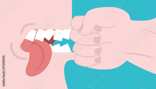 Punch on teeth. Fist in face to beat. Broken teeth. Fight vector illustration