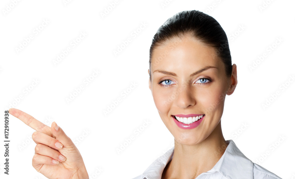 Cheerful businesswoman showing, over white Cheerful businesswoman showing, over white