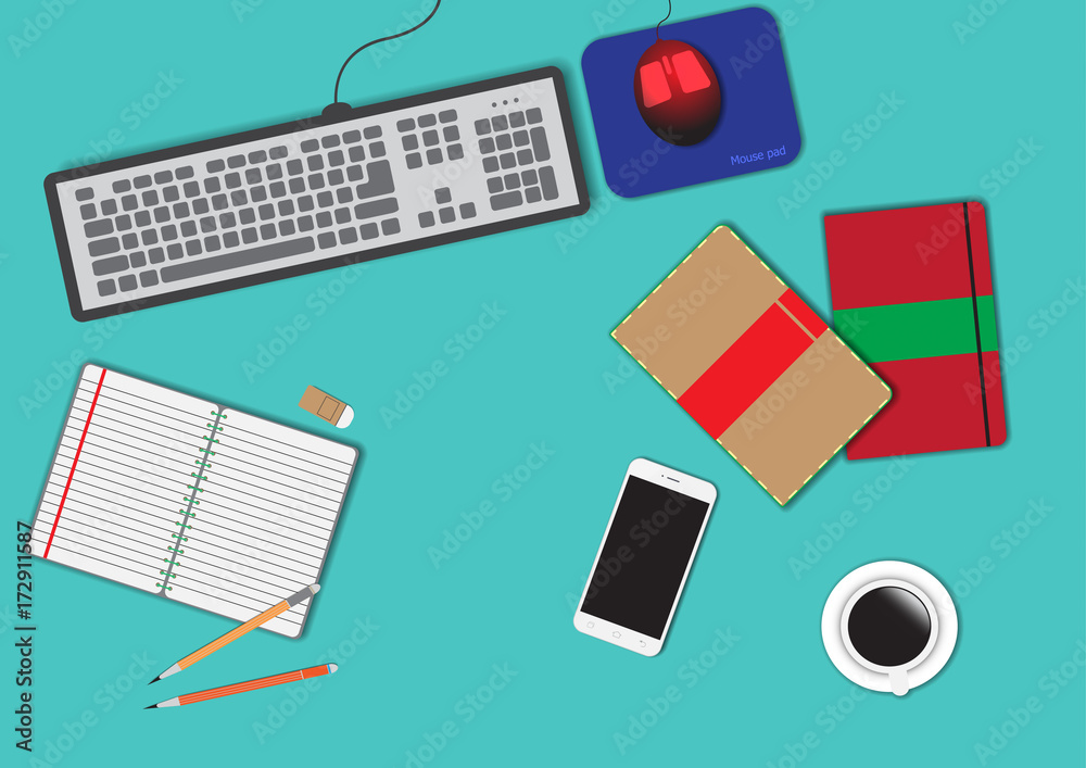Set of Flat vector design illustration of modern business office and workspace. Top view of desk background with laptop, digital devices, office objects with notepad Set of Flat vector design illustration of modern business office and workspace. Top view of desk background with laptop, digital devices, office objects with notepad