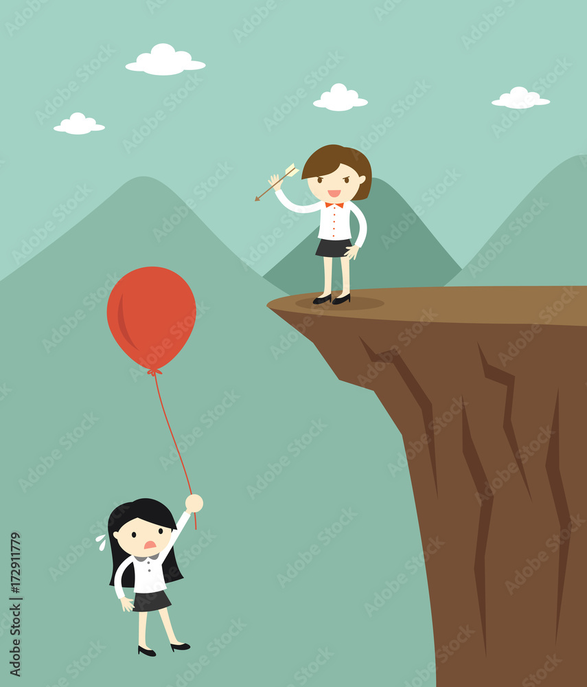 Business concept, Business woman use the arrow to pop another business woman's balloon. Vector illustration Business concept, Business woman use the arrow to pop another business woman's balloon. Vector illustration