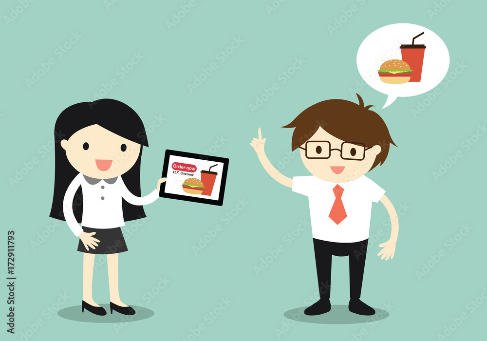 Business concept, Businessman and business woman going to order food online. Vector illustration. Business concept, Businessman and business woman going to order food online. Vector illustration.