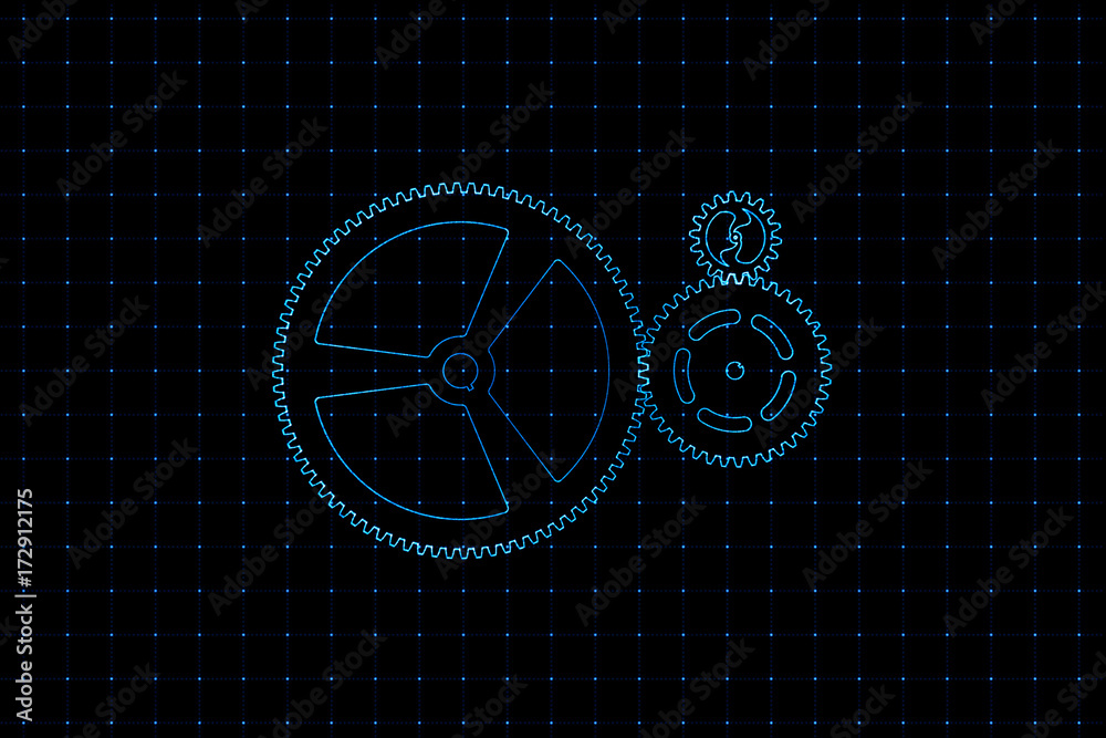 Set of blue gears and cogs on virtual screen Set of blue gears and cogs on virtual screen