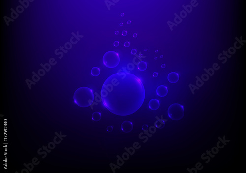 Bubbles in water on blue background horizontal seamless pattern. Circle and liquid, light design, clear soapy shiny, vector illustration