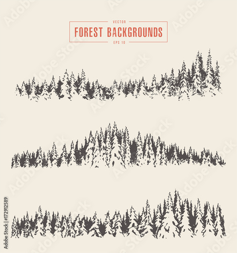Set pine forest backgrounds vector drawn sketch