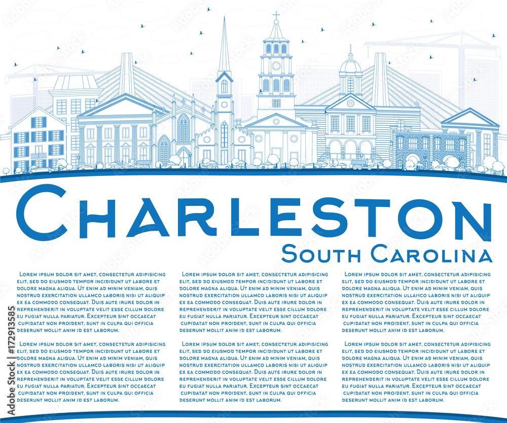 Outline Charleston South Carolina Skyline with Blue Buildings and Copy Space.